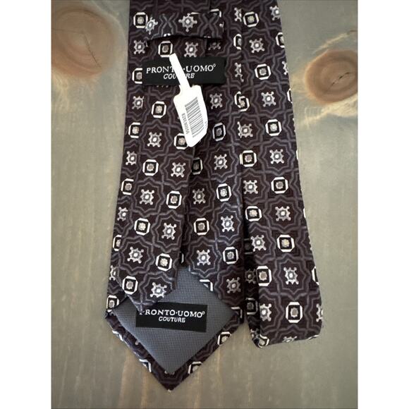Pronto Uomo Couture Tie Black/Grey 100% Silk Handmade Geometric Print Luxury NWT - Picture 7 of 9